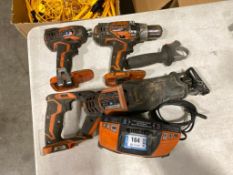 Lot of Ridgid Cordless Drill, Impact, Battery Charger, Reciprocating Saw