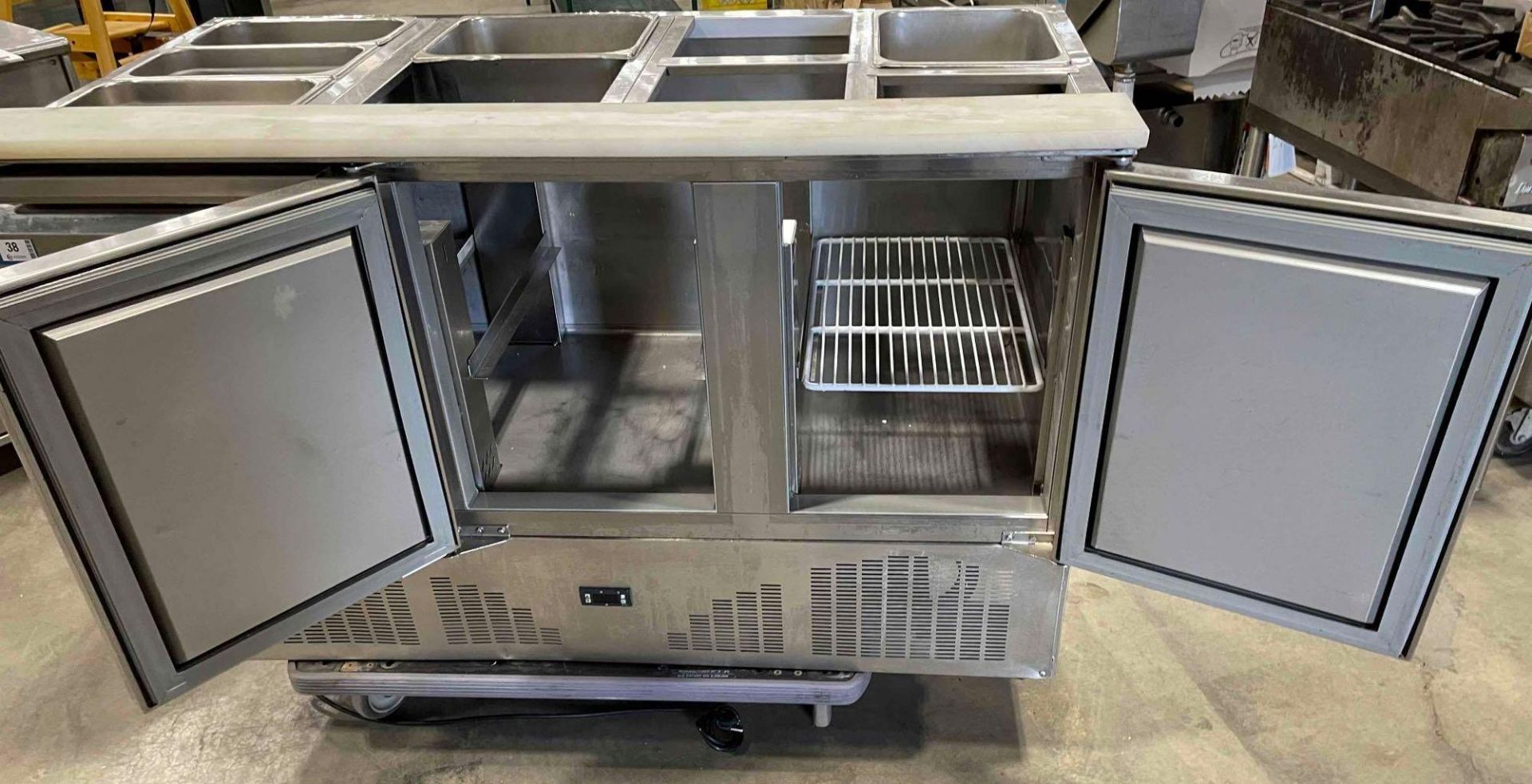 STAINLESS STEEL 3 DOOR REFRIGERATED PREP STATION W/ CUTTING BOARD - Image 3 of 9