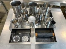 BARISTA SUPPLIES SET INCLUDING: (5) FROTHING PITCHER, (2) CREAMER, (1) DREDGER, AND 2 DRAWER STAINLE