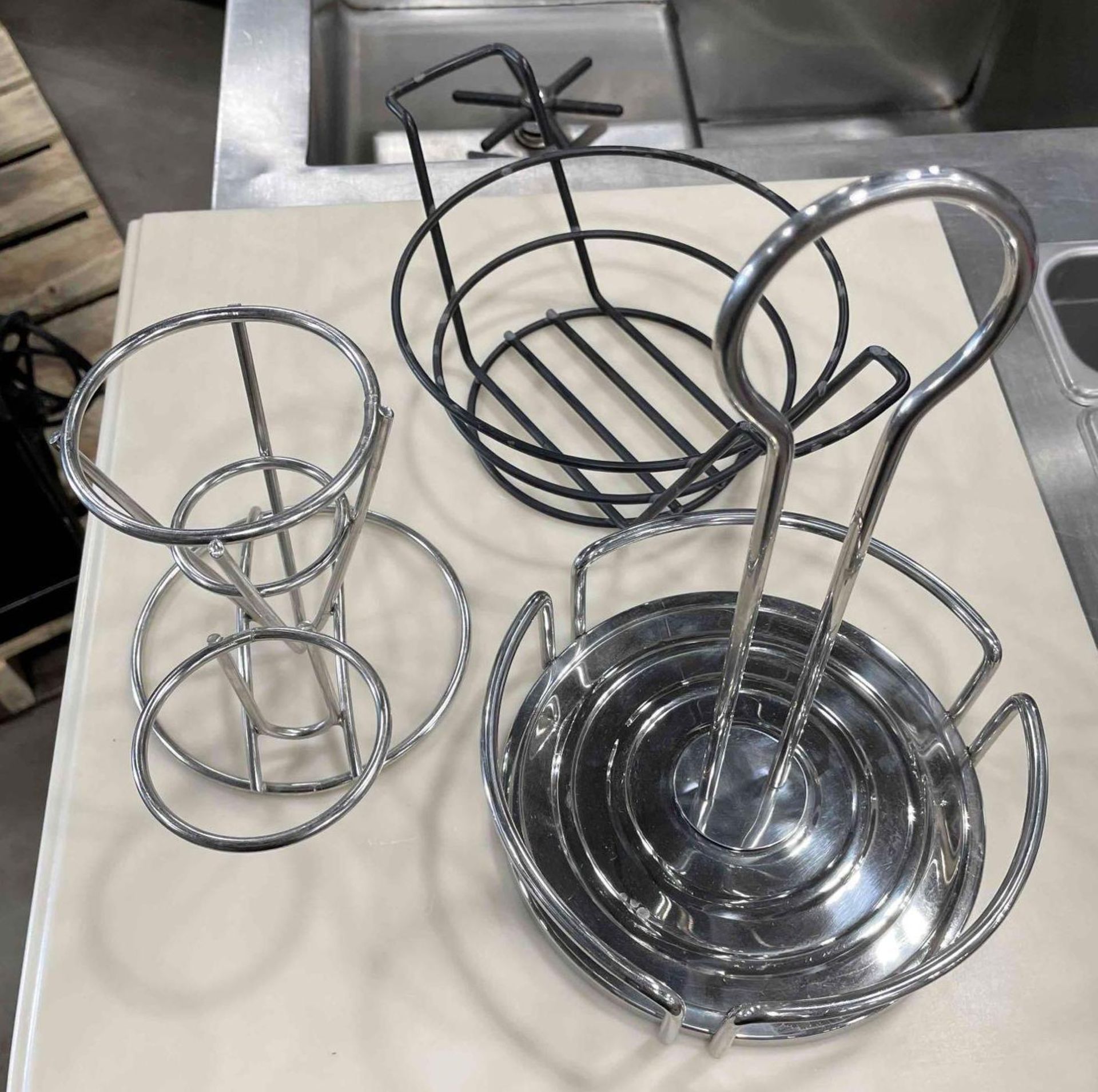 (10) STAINLESS STEEL FRY CONE WITH HOLDER WITH (2) ROUND STAINLESS STEEL CONDIMENT CADDY & (4) ROUND