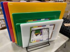 6 MIXED COLOURED CUTTING BOARD SET & RACK - NEW