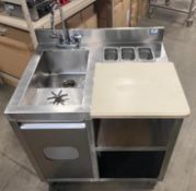 STAINLESS STEEL BEVERAGE TABLE WITH SINK, GLASS WASHER AND CUTTING BOARD