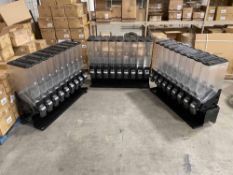 (27) TRADE FIXTURES NEW LEAF GRAVITY FEED DISPENSER BINS WITH (3) SHELVES