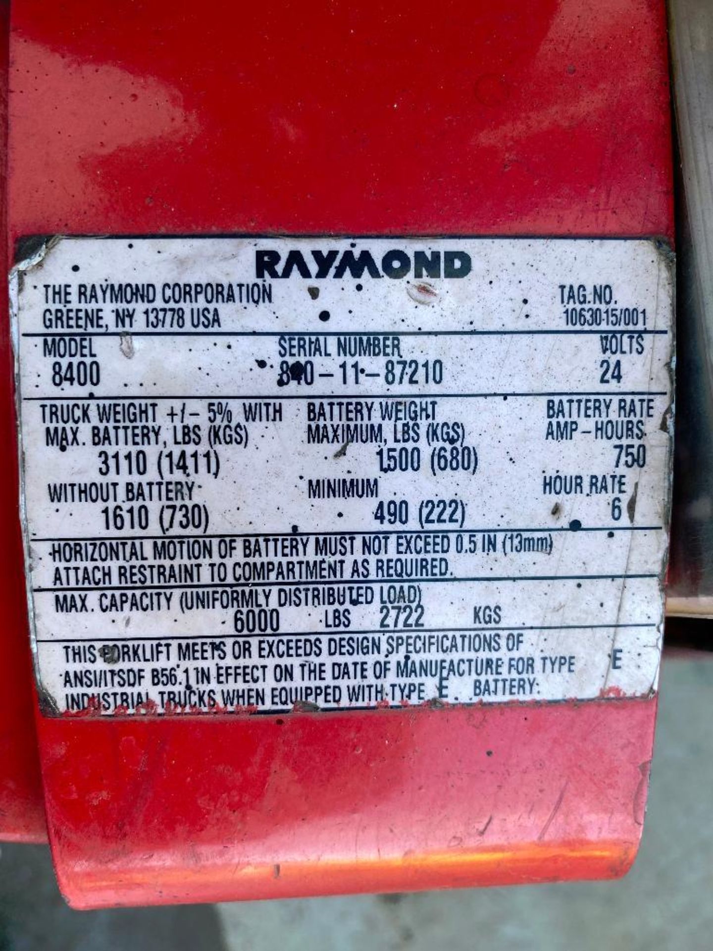 Raymond 8400 Electric Power Jack, 6,000lb. Capacity, 24V, 750Ah, 9,544hrs Showing - Image 8 of 8