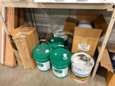 Lot of Pails of Concrete Curing Compound, Pail Lids, Yellow Enamel Paint, etc.