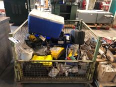 Crate of Asst. Cooler, Parts Bins, Hand Tools, Light Bulbs, etc.