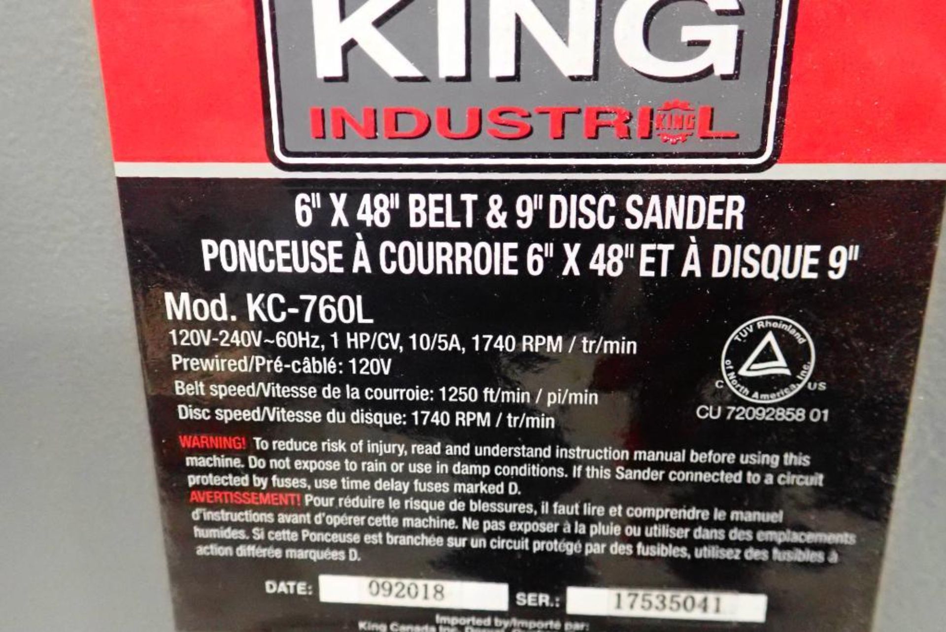 2018 King Industrial KC-760L 6"x48" Belt/ 9" Disc Sander - Image 3 of 3