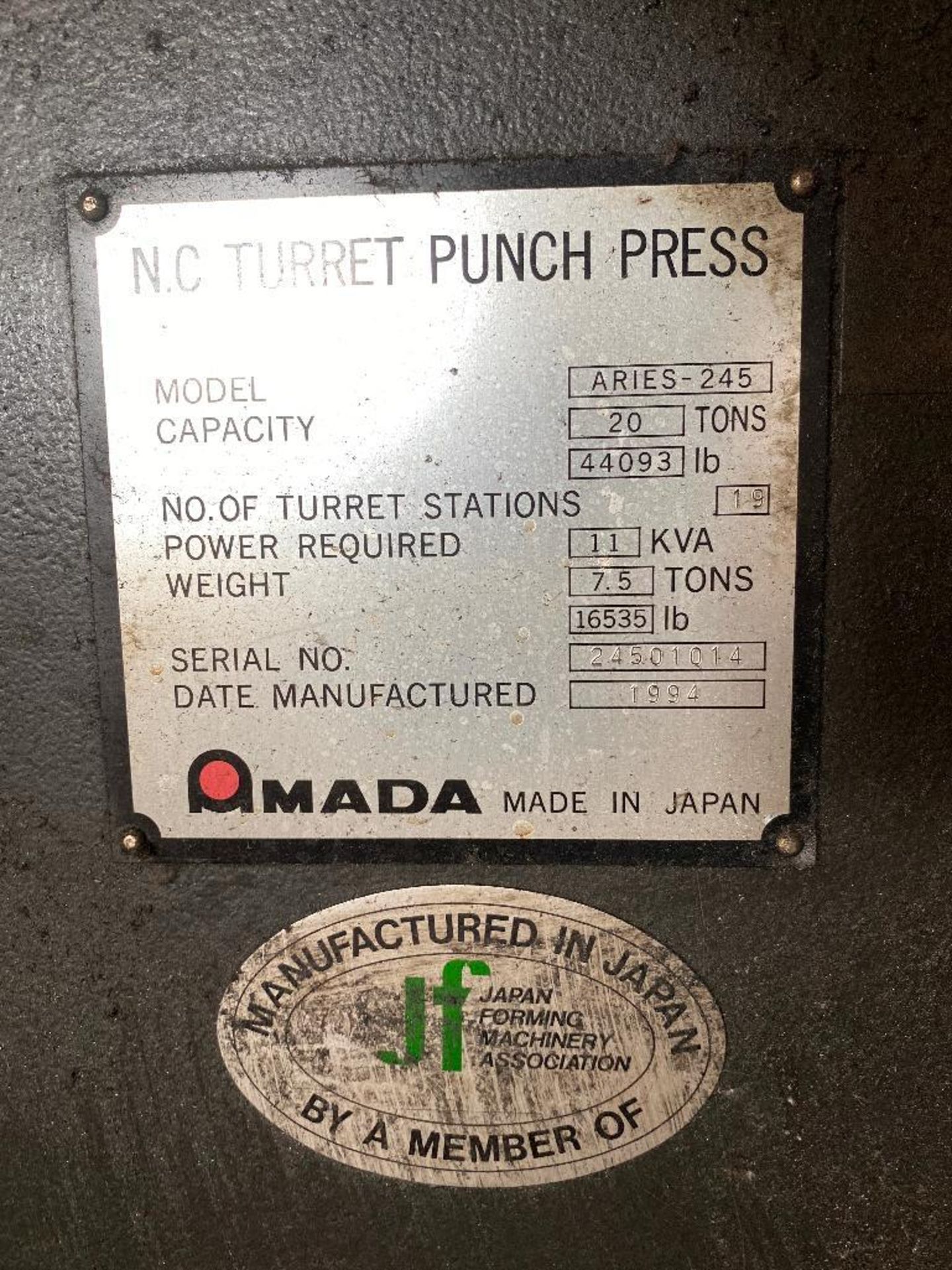 1994 Amada Aries-245 20-Ton Turret Punch Press, 11KVA, 3PH - Image 12 of 13