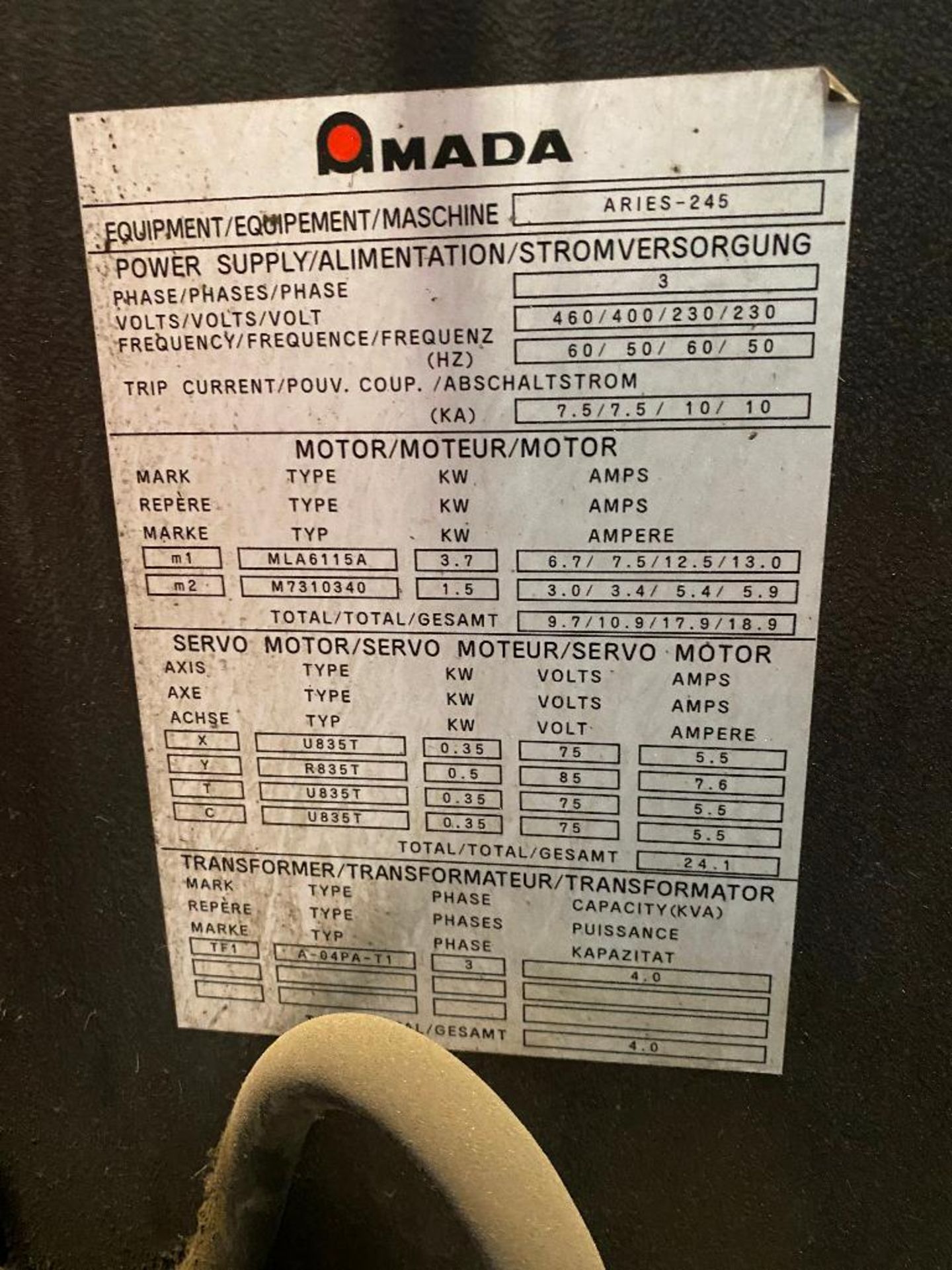 1994 Amada Aries-245 20-Ton Turret Punch Press, 11KVA, 3PH - Image 7 of 13