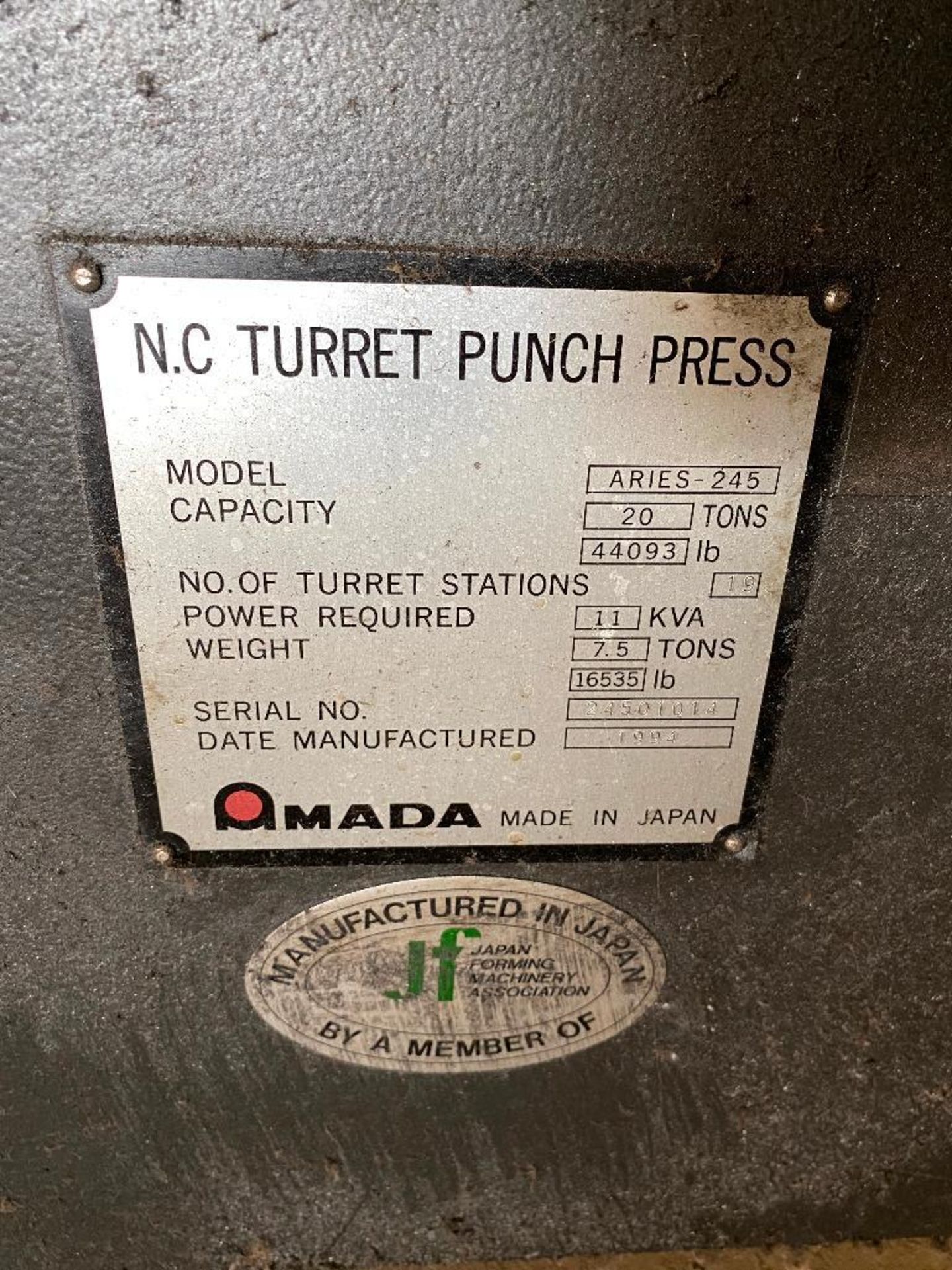 1994 Amada Aries-245 20-Ton Turret Punch Press, 11KVA, 3PH - Image 13 of 13