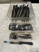 LOT OF ASSORTED STEAK KNIVES, SALAD FORKS & SOUP SPOONS