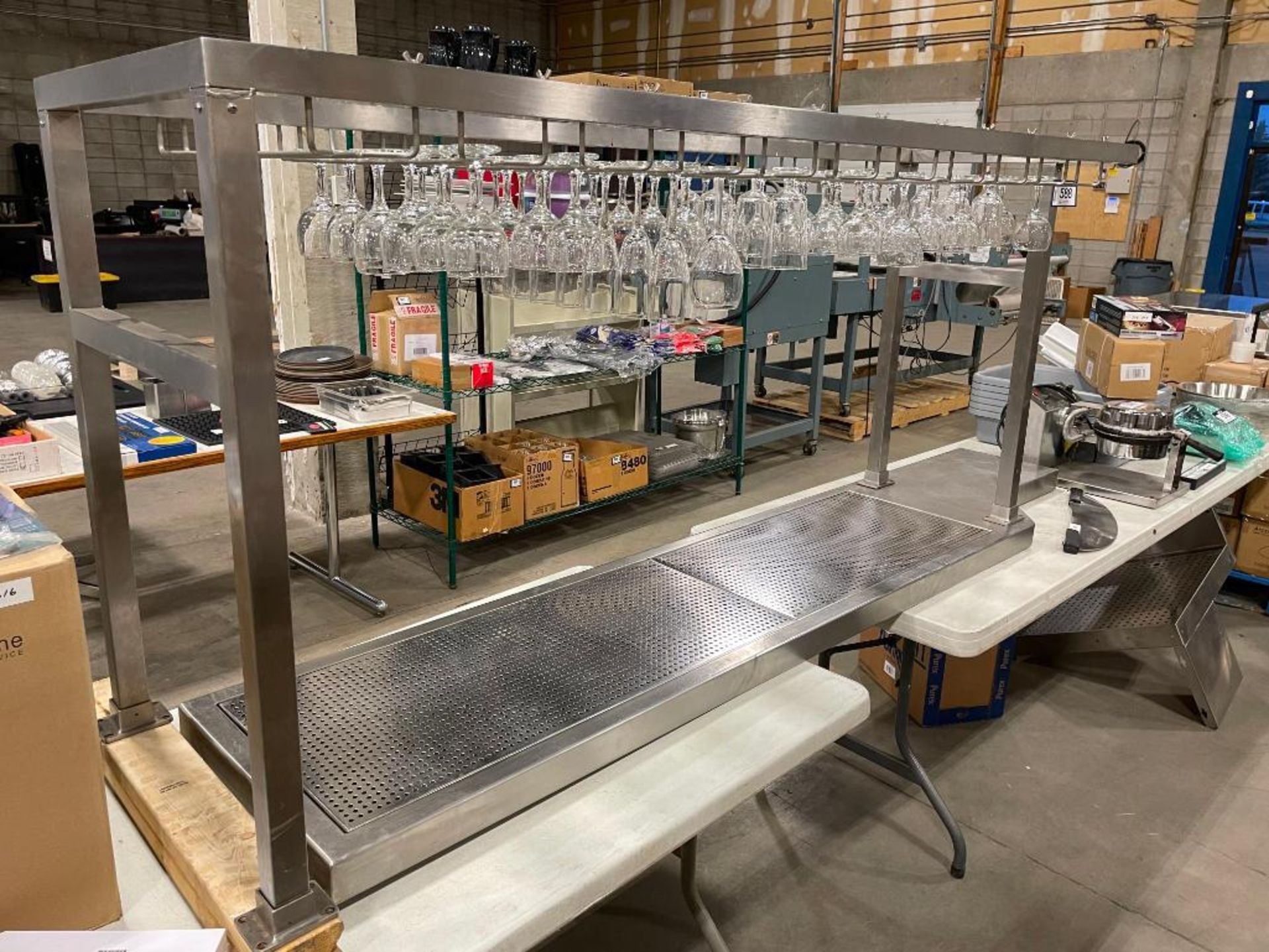 74" GLASS HANGER WITH DRAIN BOARD, ADJUSTABLE HANGING BARS WITH ASST. GLASSES