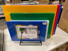 6 MIXED COLOURED CUTTING BOARD SET & RACK - NEW