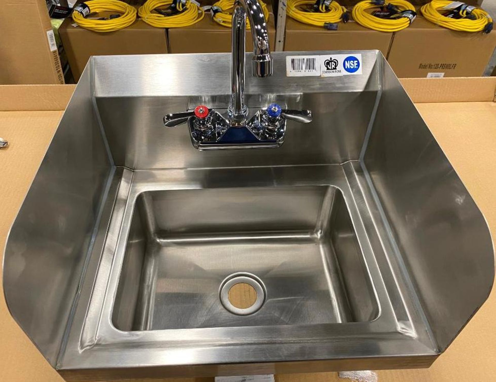 17" X 15.5" STAINLESS HAND SINK WITH SPLASHGUARDS, FAUCET GOOSE NECK, JOHNSON-ROSE 81501 - - Image 2 of 3
