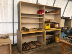 Wooden 96" x 32" Shop Bench w/ Overhead Shelving.