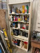 Lot of Wooden Storage Shelf Unit w/ Asst. Oil, Grease, Shop Fluids, etc.
