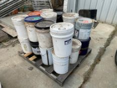 Pallet of (21) Pails including Lacquer, Grout, Hardener, Retarder, Release, etc.