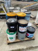 Pallet of (20) Pails including Oil, Hydraulic Fluid, Resolve, Concrete Hardener, etc.