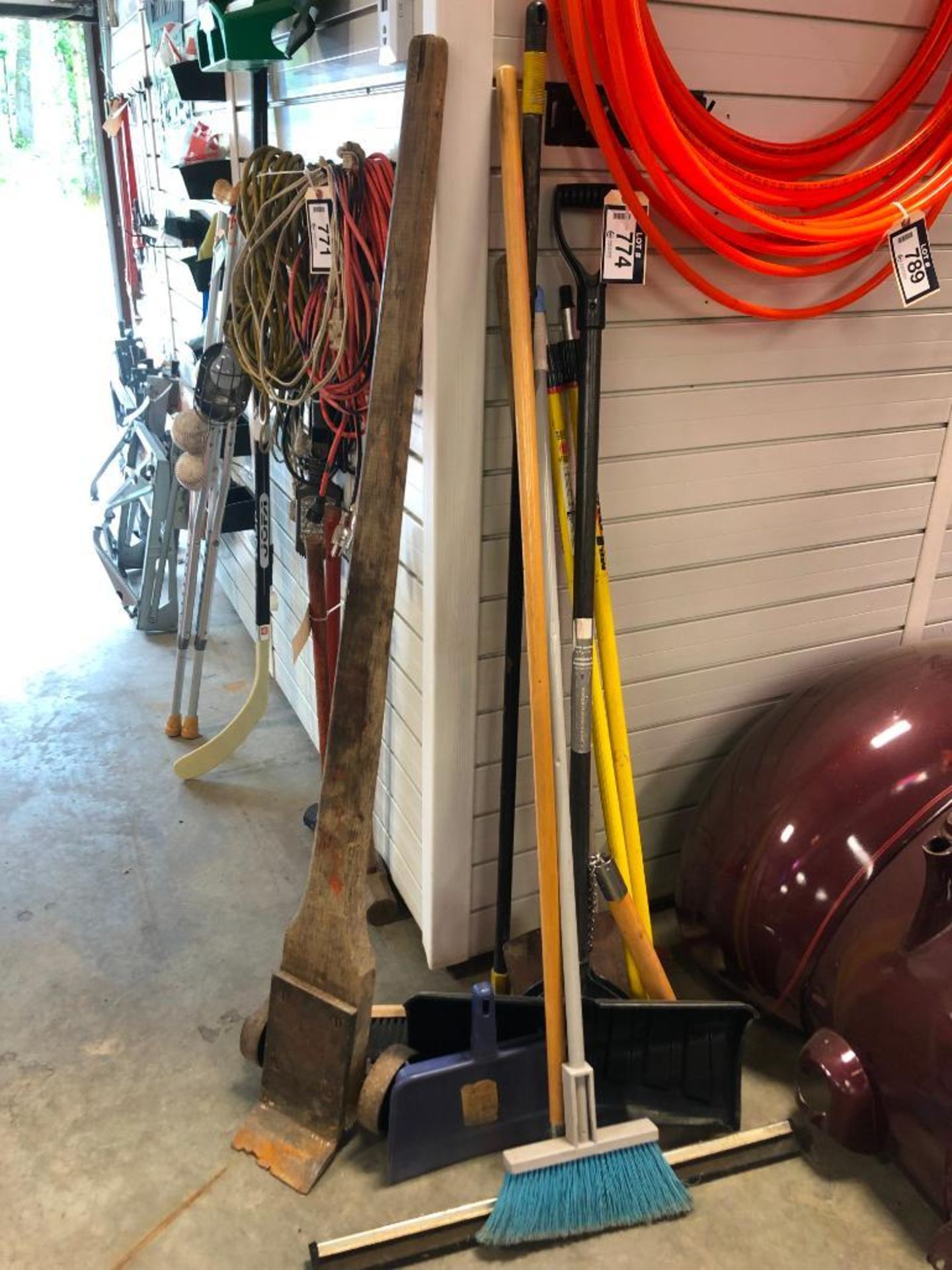 Lot of Brooms, Snow Shovel, Lever Dolly & More