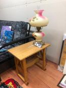Wood End Table with Hurricane Lamp