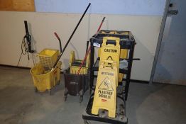 Lot of Rubbermaid Janitors Cart, (2) Mop Buckets, (2) Mops and (2) Floor Signs.