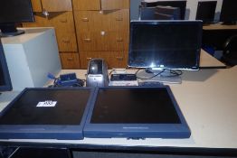 Lot of 3 Flatscreen Monitors, Dymo Label Printer and Sharp Electric Calculator.