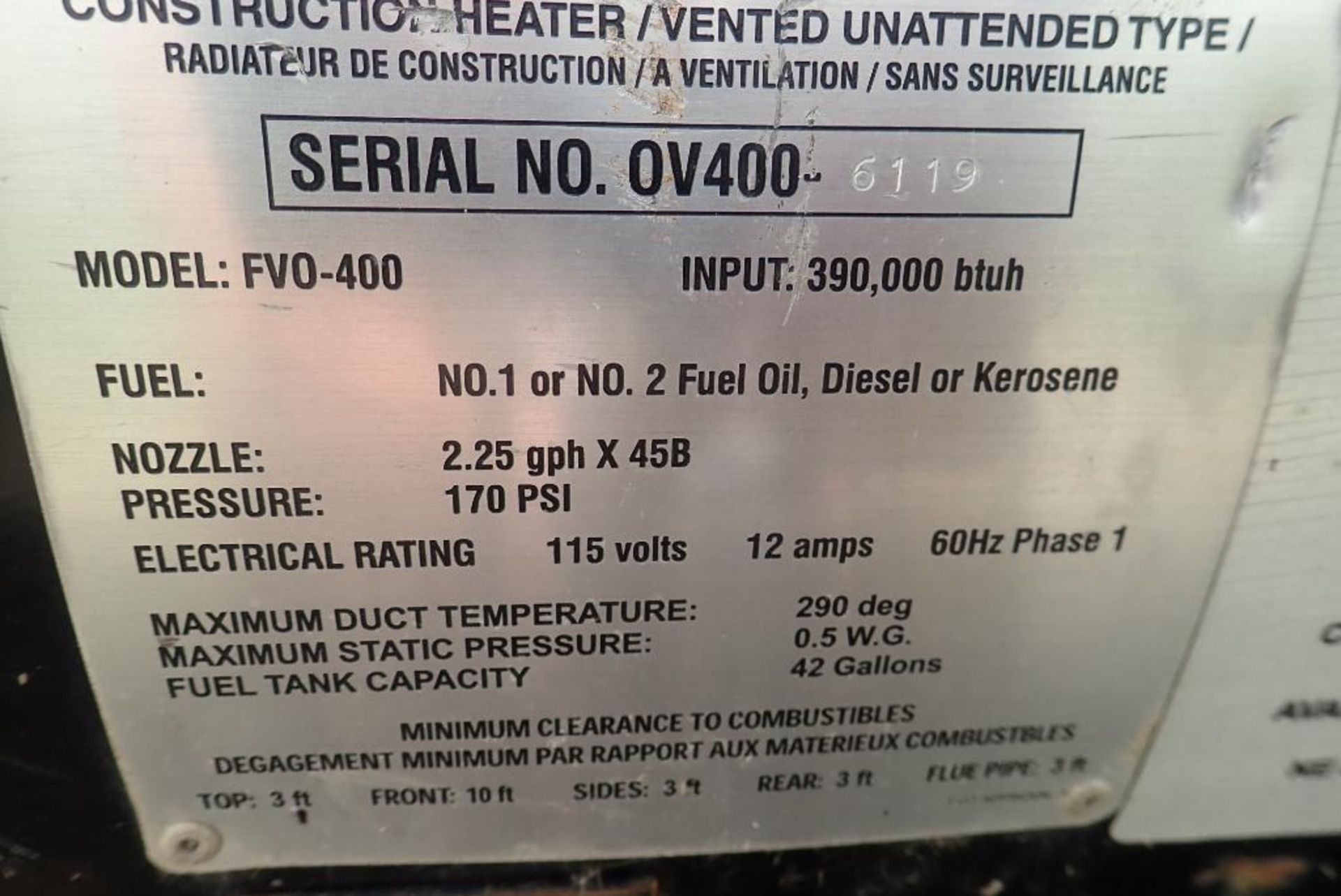 Flagro FV0-400 Indirect Fired 390,000BTU Diesel Construction Heater. - Image 3 of 5