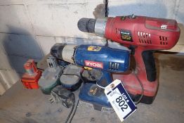 Lot of Zinhell BAS224T Cordless Drill, Ryobi Cordless Drill and Asst. Chargers.