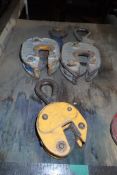 Lot of (2) 1-ton Plate Clamps and (1) 500kg Plate Clamp.