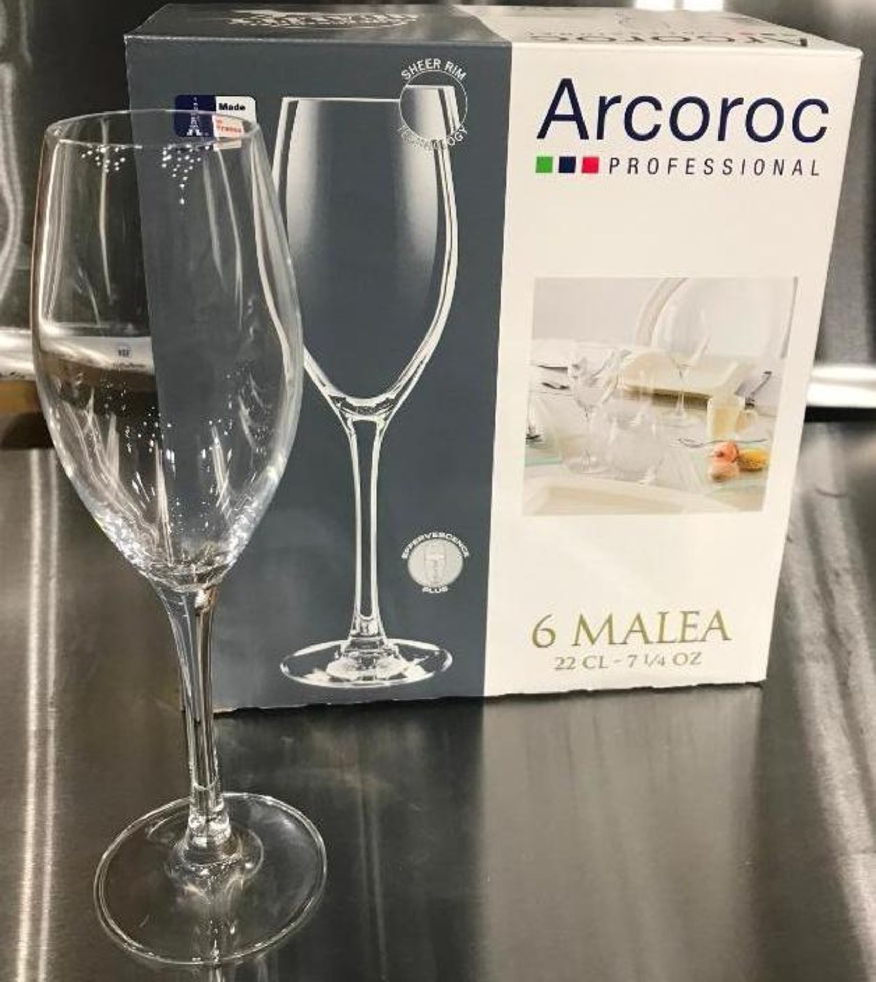 7.25OZ/220ML MALEA FLUTE GLASSES - LOT OF 6 (1 BOX), ARCOROC - NEW