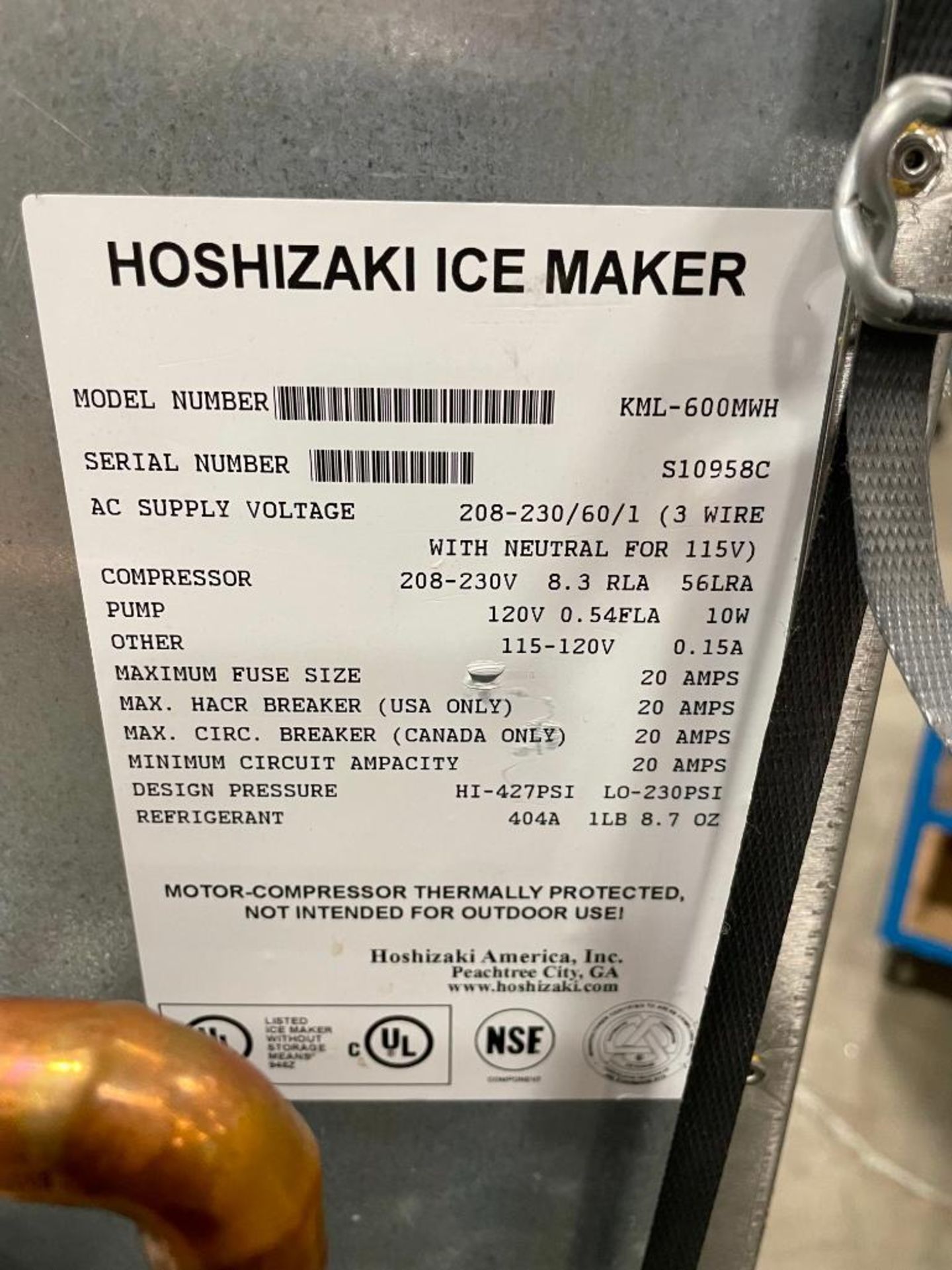 HOSHIZAKI KML-600MWH WATER COOLED 633 LBS/DAY ICE MACHINE WITH STEEL MOBILE CART - Image 5 of 8