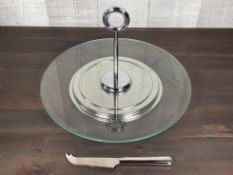 12" GLASS CHEESE SERVING PLATE WITH FOLDING HANDLE/KNIFE