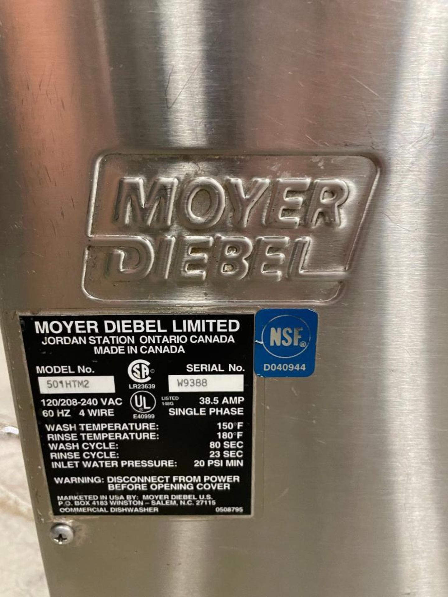 MOYER DIEBEL 501HTM2 UNDERCOUNTER DISHWASHER - Image 2 of 13