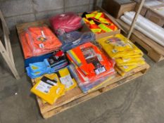 Pallet of Asst. Safety Gear including Rain Gear, Jeans, Wide Load Signs, First Aid Kits, etc.