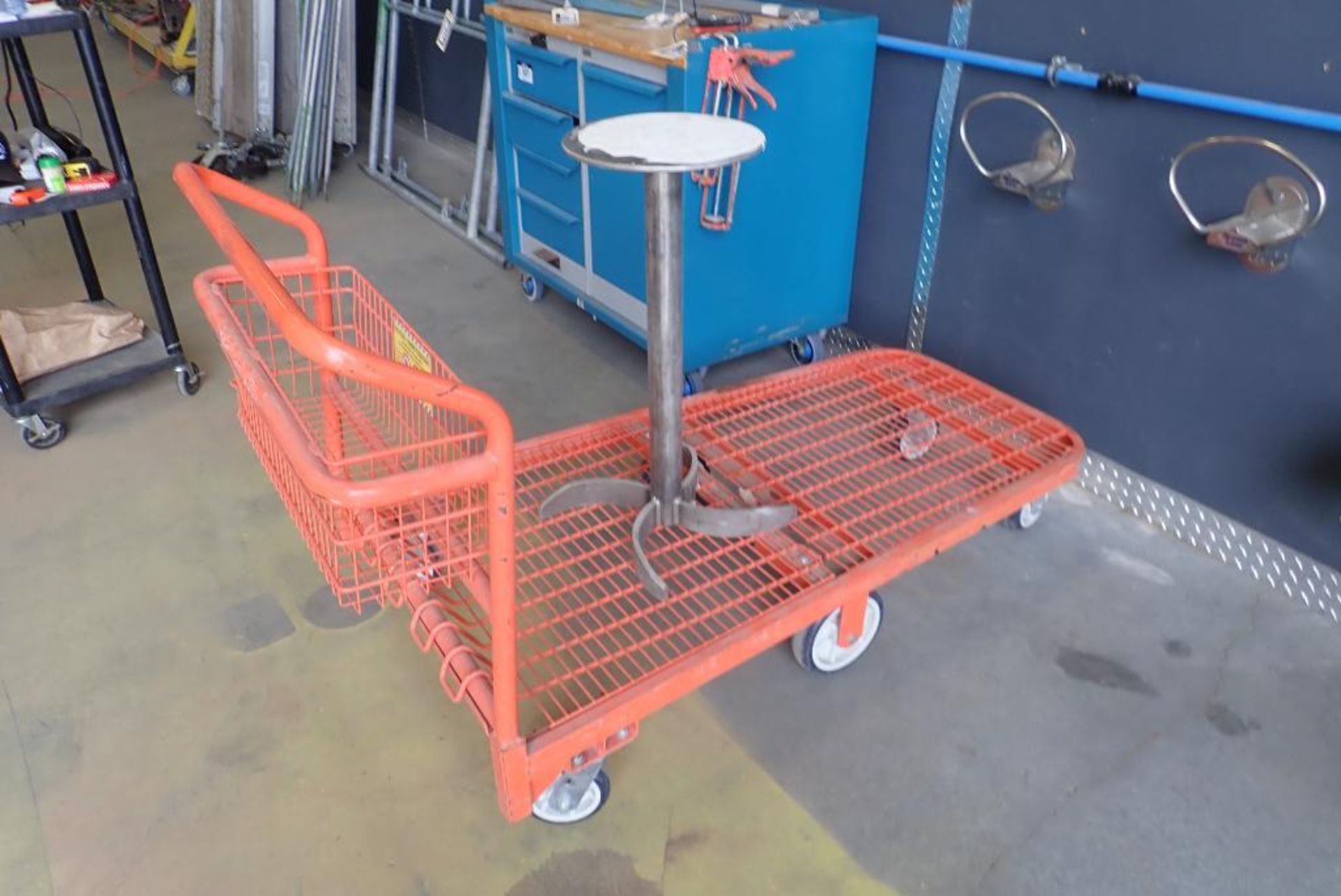 Lot of 6-Wheel Shop Cart and Metal Shop Stool.