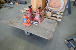 Lot of Jet 8-ton Hydraulic Bottle Jack, (2) 3-ton Jack Stands and 4-Wheel Dolly.