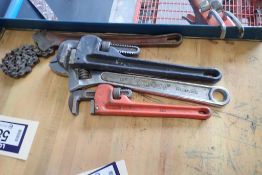 Lot of Ridgid 14" Chain Wrench, 10" Pipe Wrench, 14" Pipe Wrench and 15" Crescent Wrench.