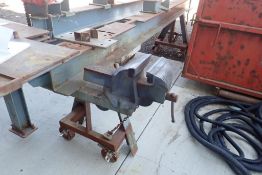 Shop Built Approx. 155" Mobile Pipe Bench w/ Ridgid Chain Vice and Record 8" Bench Vice.