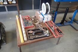 Lot of Metal Table, Asst. Welding Rod, Mig Wire, Tig Welding Wire, Vice Clamps, Torch Tips, etc.