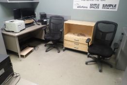 Lot of (2) Metal Desks, (2) Task Chairs, Storage Cabinet, Bookcase and First Aid Cabinet.