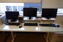 Lot of (3) Flatscreen Monitors, (3) Keyboards, (3) Mice, Heater, Calculator and Dymo Label Printer.