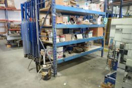 Lot of (1) Section Pallet Racking w/ Asst. Spare Parts, Grease Pumps, etc.