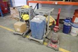 Lot of (2) Rubbermaid Janitor Carts, Floor Sweep, Hoover Vacuum, Spill Kits, etc.