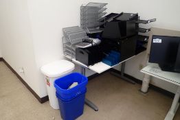 Lot of Adjustable 48"x30" Work Table, Asst. In/Out Trays, Electronic Calculator, Waste Bins, etc.