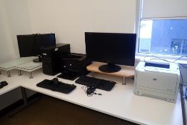 Lot of (2) HP Printers, Desktop Computer, (2) Flatscreen Monitors, (2) Keyboards and (3) Mice.