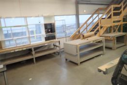 Lot of (3) Work Tables, Storage Shelf, (2) Stereos, Wrapping Cart and Wrapping Paper Dispenser.