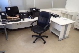 Lot of (2) Adjustable 64"x30" Work Tables, (2) Monitor Stands, Storage Cabinet and Task Chair.