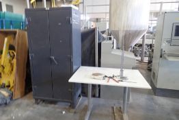 Lot of Heavy Duty Storage Cabinet w/Contents, Work Table, Height Gauge and Vernier Caliper.