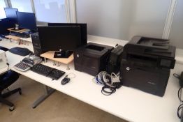 Lot of (2) HP Printers, Desktop Computer, (2) Flatscreen Monitors, (2) UPS's, Keyboard and Mouse.