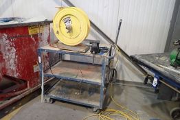 Lot of EZ-Coil Hose Reel, 4" Vice, (2) C-Clamps and 3-tier Warehouse Cart.